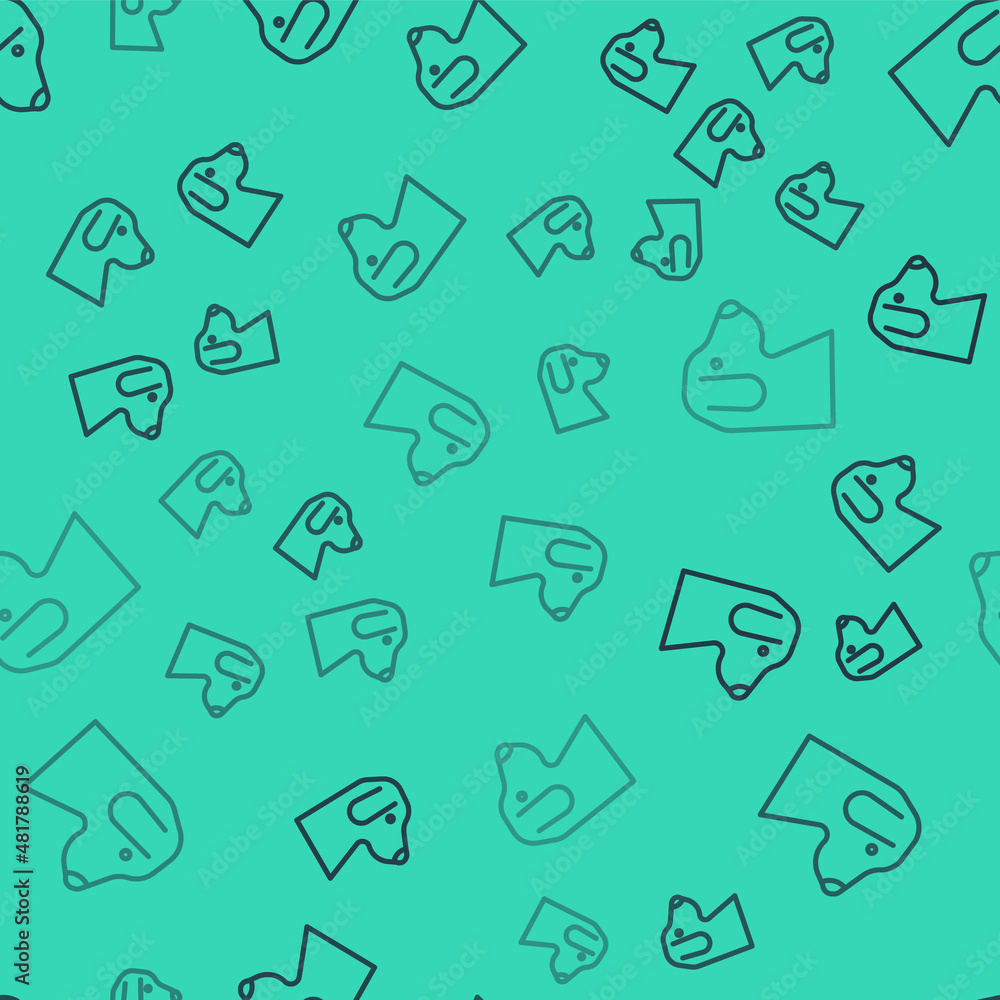 Black line Dog icon isolated seamless pattern on green background. Vector