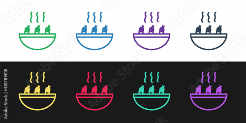 Set line Soup with shrimps icon isolated on black and white background. Tom yum kung soup. Vector.