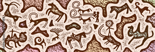 Panel on the ethnic theme. A series of petroglyphs, rock paintings, vector design. 