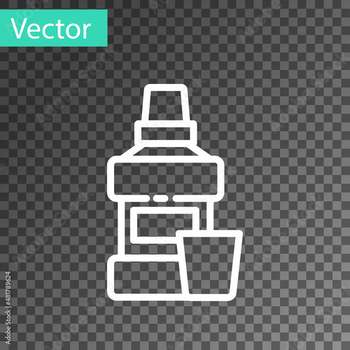 White line Mouthwash plastic bottle and glass icon isolated on transparent background. Liquid for rinsing mouth. Oralcare equipment. Vector
