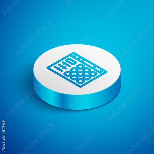 Isometric line Drum machine icon isolated on blue background. Musical equipment. White circle button. Vector