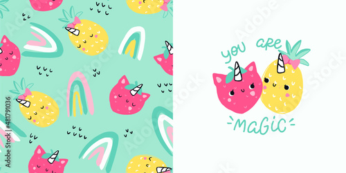 vector illustration.Hand drawn graphics. Summer mood. Cute fruits pineapple and strawberry. Seamless background. Pattern. Cute unicorn horns on strawberry and pineapple. Rainbows.