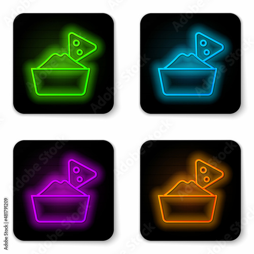 Glowing neon line Nachos in bowl icon isolated on white background. Tortilla chips or nachos tortillas. Traditional mexican fast food menu. Black square button. Vector