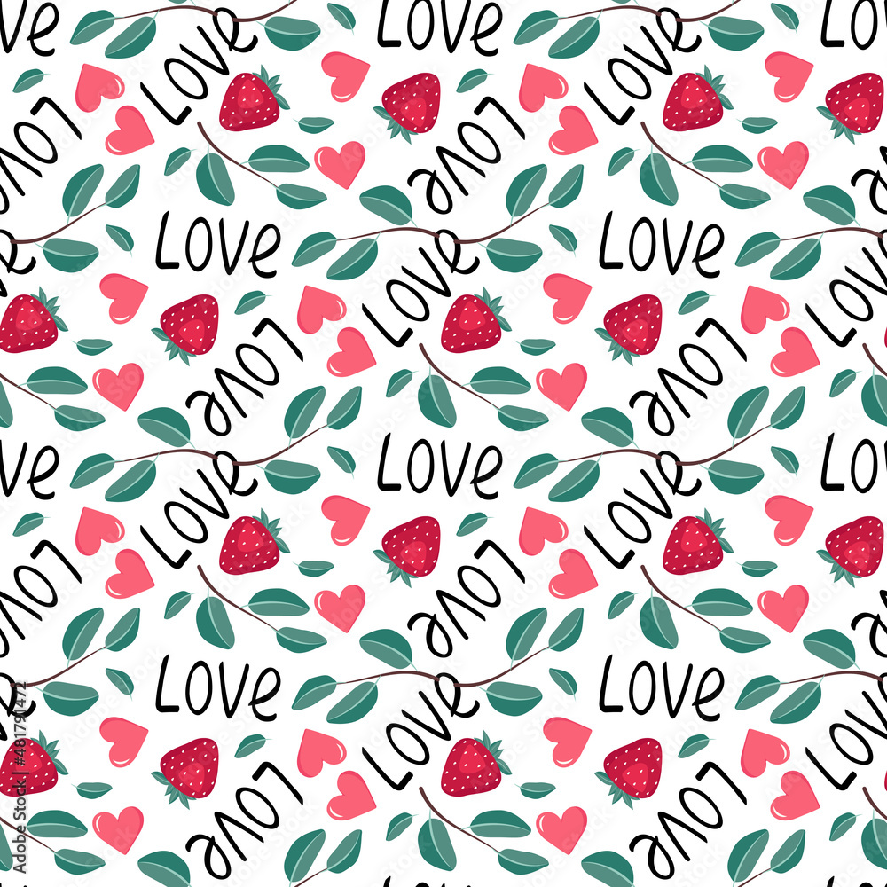 Cute seamless pattern with strawberry, hearts, word love and
