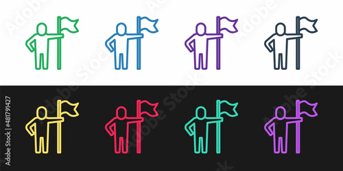 Set line Man holding flag icon isolated on black and white background. Victory, winning and conquer adversity concept. Vector