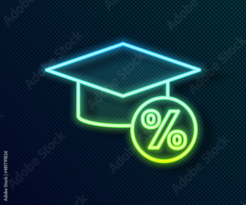 Glowing neon line Graduation cap and coin icon isolated on black background. Education and money. Concept of scholarship cost or loan, tuition or study fee. Vector