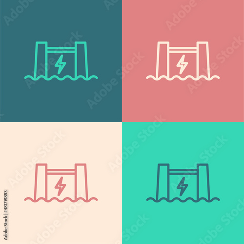 Pop art line Hydroelectric dam icon isolated on color background. Water energy plant. Hydropower. Hydroelectricity. Vector
