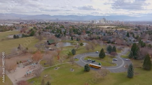 Panoramic aerial view of park in Reno with suburbs and city skyline and mountains. photo