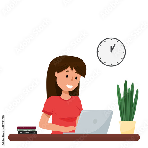 An upset girl is sitting at a table with a laptop. Difficulties in learning or work. Online learning from home. Illustration of work or study process