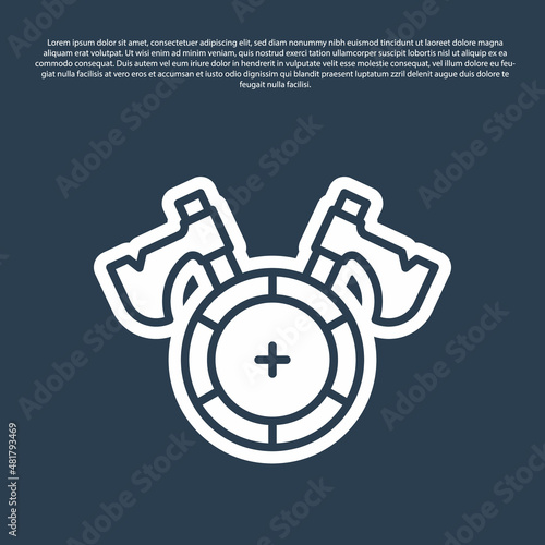 Blue line Medieval shield with crossed axes icon isolated on blue background. Battle axe, executioner axe. Vector