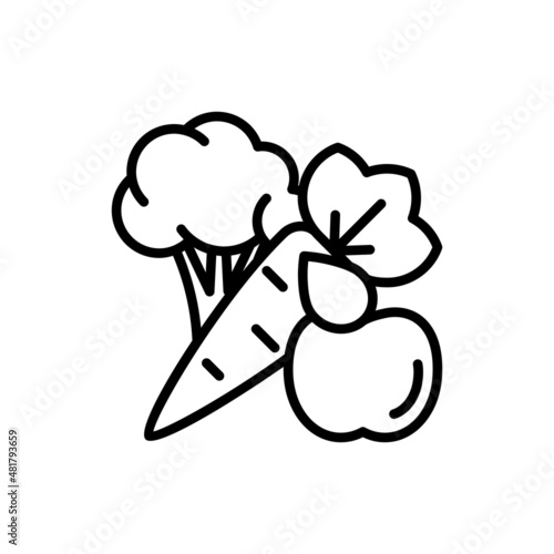 Organic shop, vegetables: apple, broccoli, carrot. Thin line icon. Healthy food. Vector illustration.