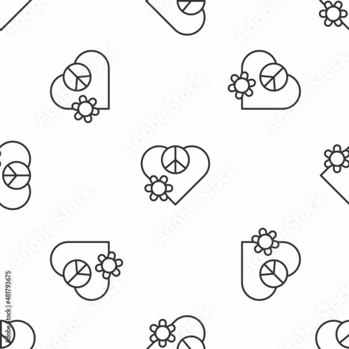 Grey line Love peace icon isolated seamless pattern on white background. Hippie symbol of peace. Vector