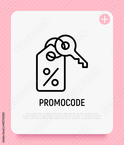 Promocode thin line icon: percent sign on label with key. Modern vector illustration for discount.