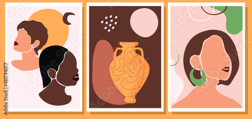 Abstract female portraits. Minimalism. Contemporary art posters set. Vector illustration