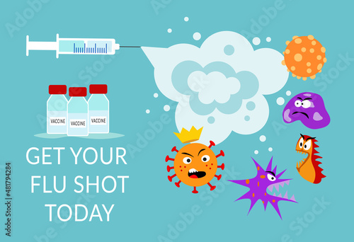 People vaccination concept for immunity health. Covid-19 vaccine, syringe, viruses vector cartoon bacteria emoticon character of bacterial infection or ilness in microbiology.  Vector illustration. photo