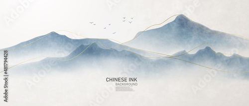 Vector illustration of a landscape painting in Chinese ink on antique paper with a beautiful design.