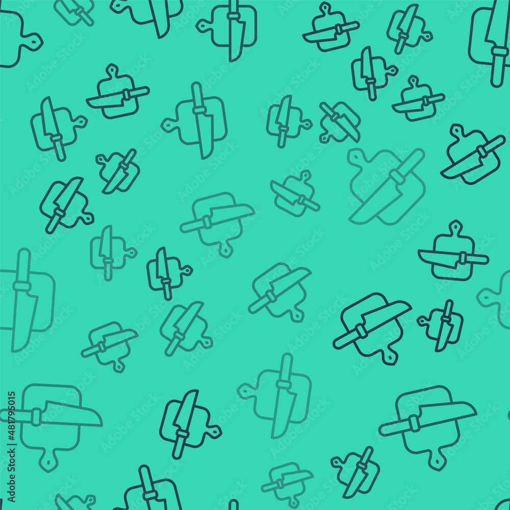 Obraz premium Black line Cutting board and knife icon isolated seamless pattern on green background. Chopping Board symbol. Cutlery symbol. Vector