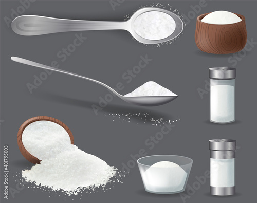 Salt realistic set of isolated icons piles of edible salt of different fracture with salt cellars. 3D food seasoning in bottle and spoon. Culinary spice mockup.