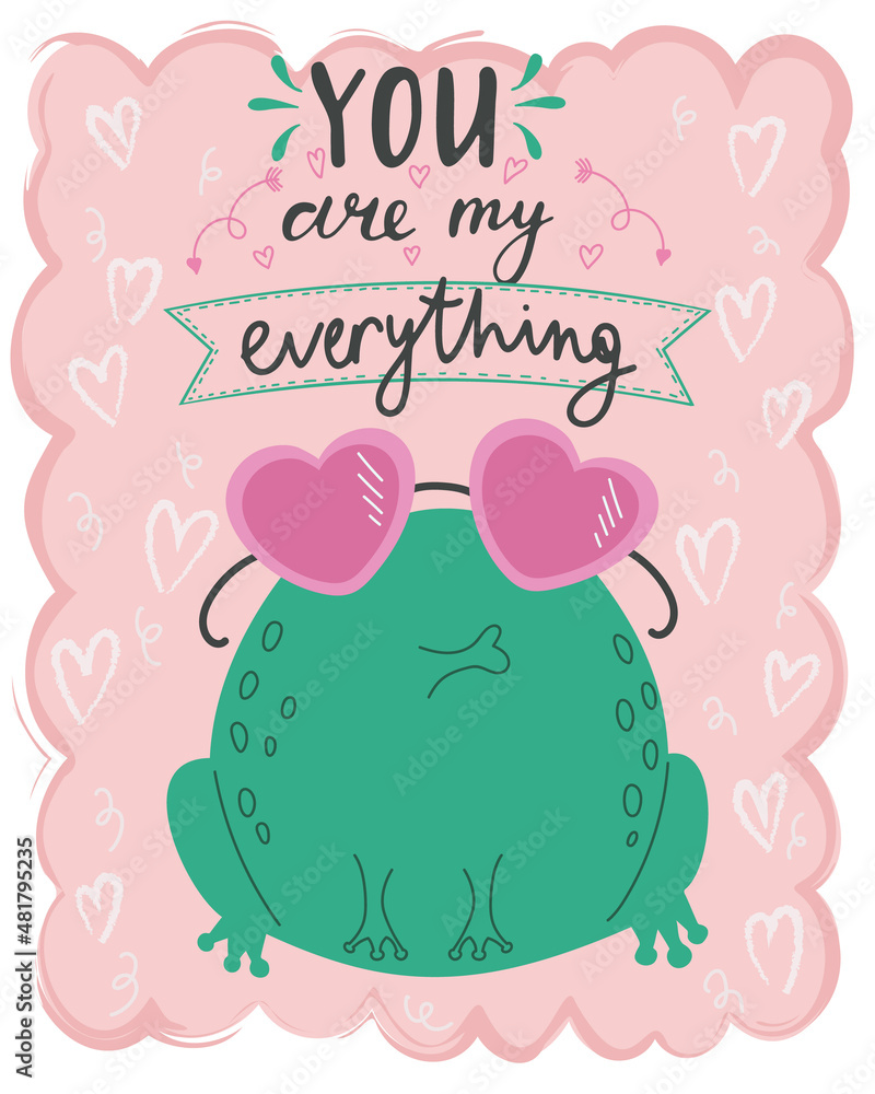 Vector illustration card valentine's day frog in love with lettering You are my everything Vector illustration card valentine's day frog in love with lettering You are my everything