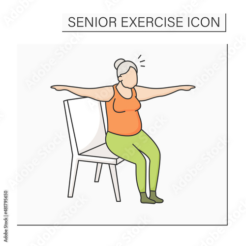 Chair yoga color icon. Old woman sitting on chair. Yoga exercises. Sport life. Prevention diseases. Senior exercise concept. Isolated vector illustration