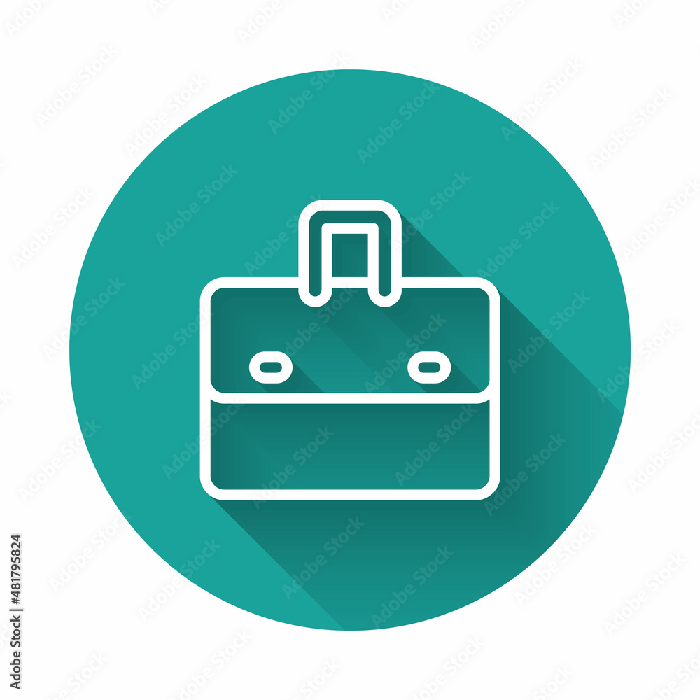 White line Briefcase icon isolated with long shadow background. Business case sign. Business portfolio. Green circle button. Vector