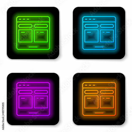 Glowing neon line Online translator icon isolated on white background. Foreign language conversation icons in chat speech bubble. Translating concept. Black square button. Vector