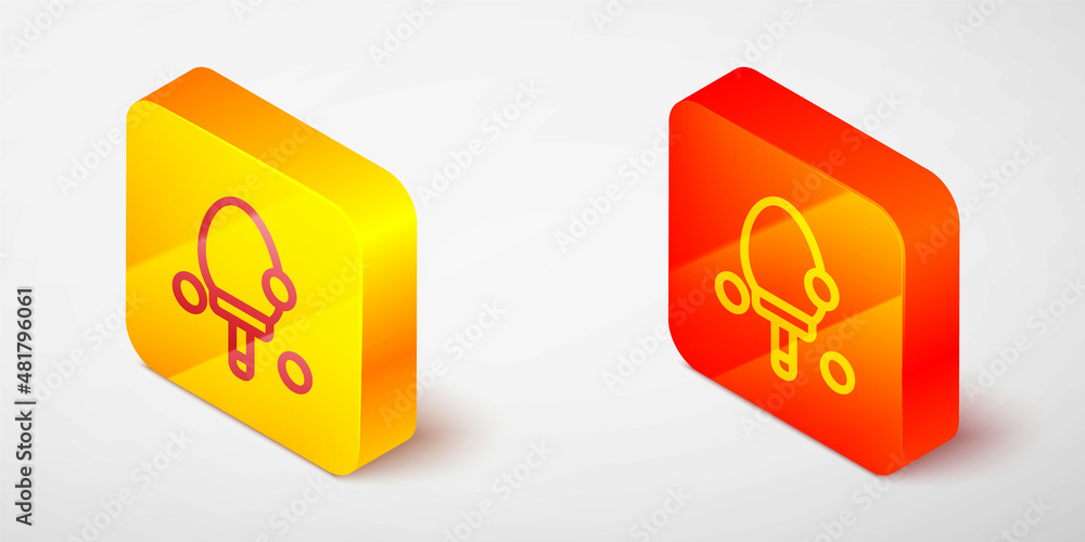 Isometric line Racket for playing table tennis icon isolated on grey background. Yellow and orange square button. Vector Isometric line Racket for playing table tennis icon isolated on grey background. Yellow and orange square button. Vector