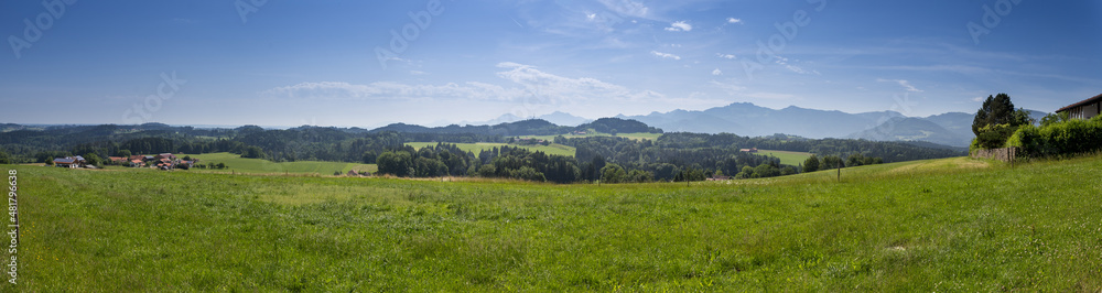 Meadow and Forest with Mountain Panorama and the Kampenwand in the Background, Bavaria, Germany