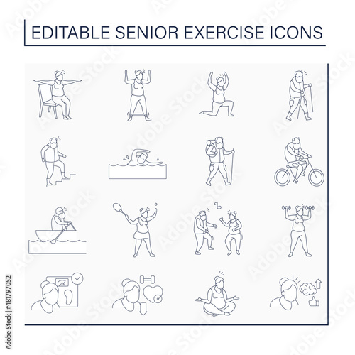 Senior exercise line icons set. Physical activity. Cardio workout. Keeps muscle in tonus. Training concept. Isolated vector illustration. Editable stroke