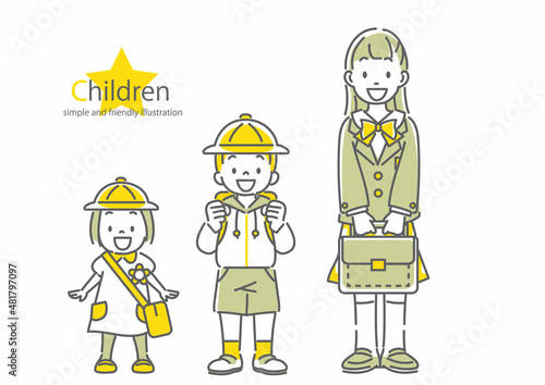 入園・入学に向かう笑顔の子供たち　シンプルでお洒落な線画イラスト