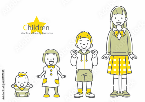 いろいろな年齢の子供たちの全身イラストセット　