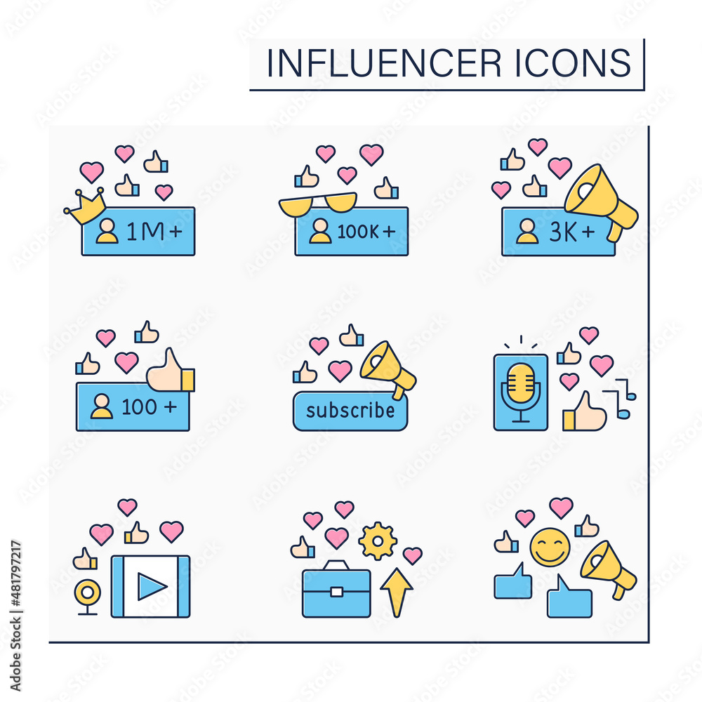 Influencer color icons set. Followers create podcasts and video content. Blogging concept. Isolated vector illustrations