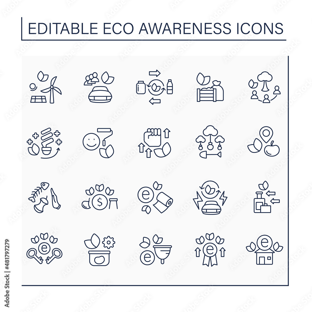 Eco awareness line icons set. Fight for ecology. Support and protect the environment. Ecology concept. Isolated vector illustrations. Editable stroke Eco awareness line icons set. Fight for ecology. Support and protect the environment. Ecology concept. Isolated vector illustrations. Editable stroke