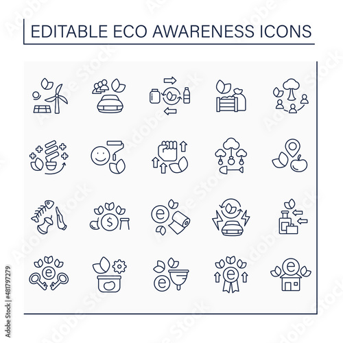 Eco awareness line icons set. Fight for ecology. Support and protect the environment. Ecology concept. Isolated vector illustrations. Editable stroke © Antstudio