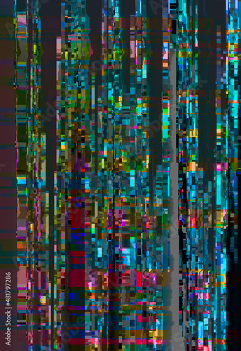 Data glitch illustration with bright pixel mosaic pattern on a dark background