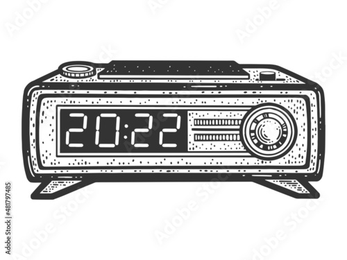 radio alarm clock with 2022 year time sketch engraving vector illustration. T-shirt apparel print design. Scratch board imitation. Black and white hand drawn image.