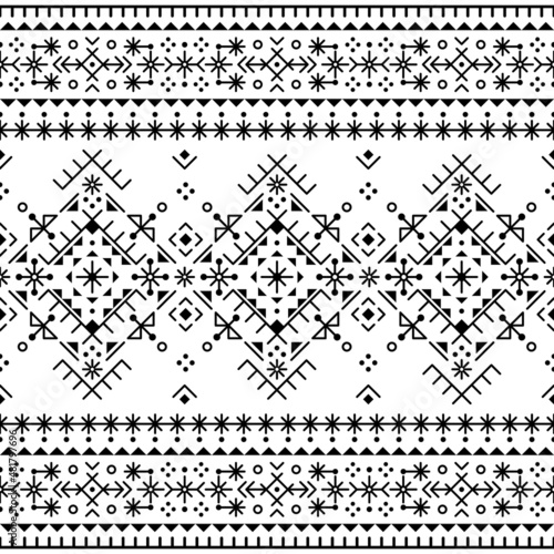 Geometric tribal or neotribal line art vector seamless pattern, textile or fabric print design set inspired by old Icelandic Nordic Viking rune art
