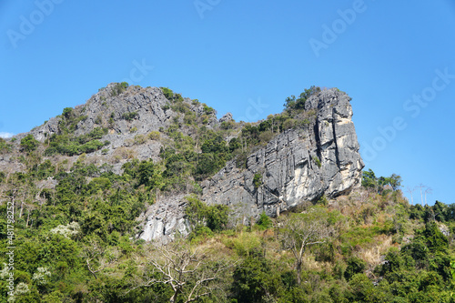 Geological structure of limestone mountains in Tham Saken National Park, Nan Province, northern Thailand. photo