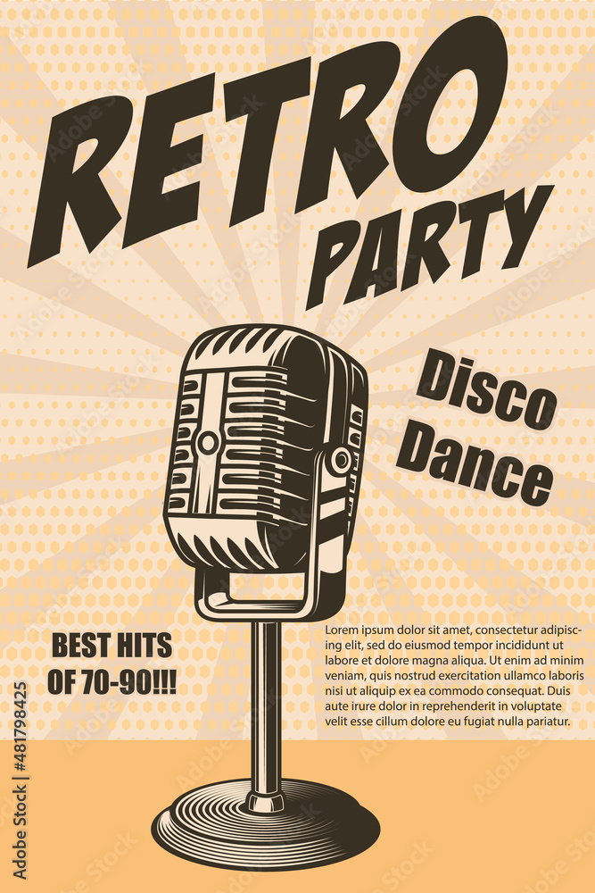Retro party. Poster template with retro style microphone. Design ...