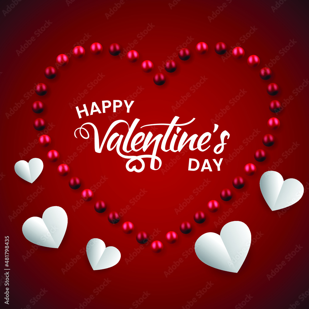 Red background with hearts and small balls for valentines day celebration