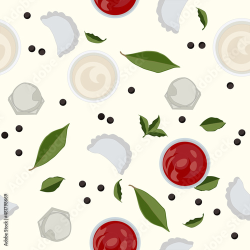 Pattern with dumplings, sauces and spices