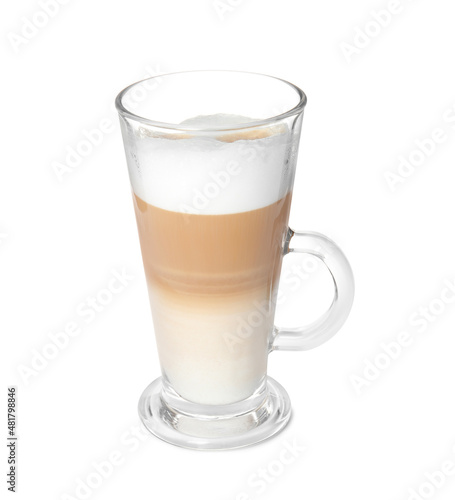 Glass of delicious latte macchiato on white background