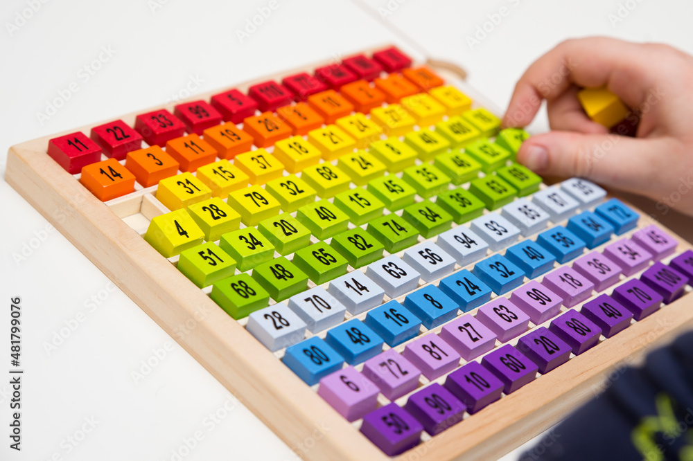 Mats educational game. To develop fine motoric skills, logical thinking, tool for primary school pupils and aspiring maths pros. Colorful wood cubes with numbers, digits, basic arithmetic operations Mats educational game. To develop fine motoric skills, logical thinking, tool for primary school pupils and aspiring maths pros. Colorful wood cubes with numbers, digits, basic arithmetic operations