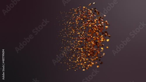 Golden Bitcoin Disintegration in air.  Bitcoin bursting disperse in pieces fragments. BTC destruction. 3D Animation