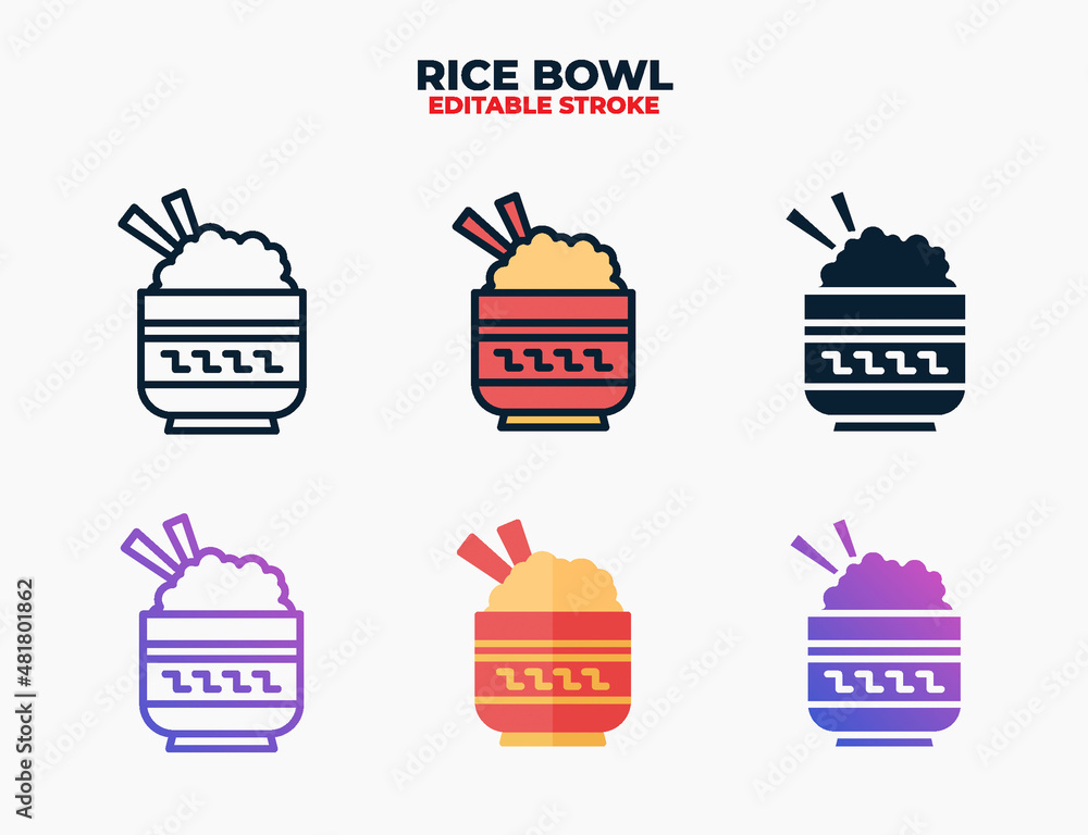 Rice Bowl icon set with different styles. Editable stroke and pixel perfect.