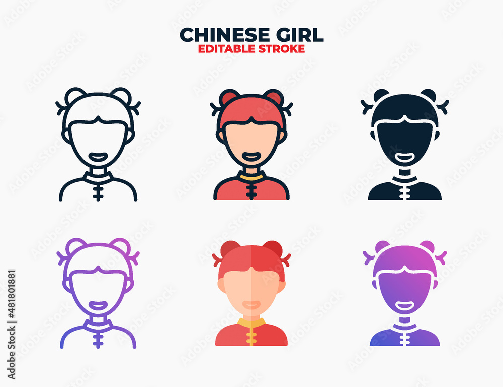Chinese Girl icon set with different styles. Editable stroke and pixel perfect.