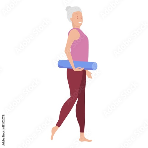 Senior woman going to do yoga, sports training, gymnastics. Elderly woman with gray hair wearing sports clothes holding yoga mat. Old age healthy concept. Colored flat cartoon vector illustration.