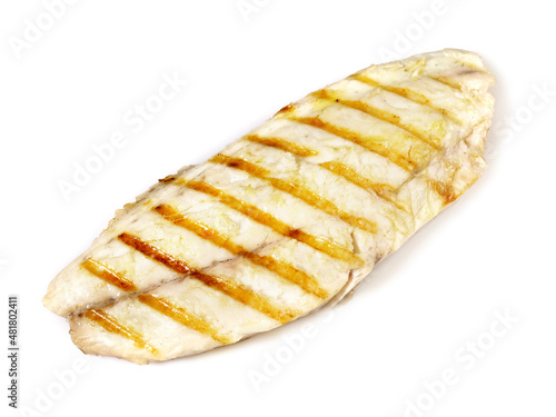 Single Grilled Fish Fillet - Grey Gilthead Seabream isolated on white Background