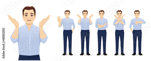 Handsome business young man in blue shirt showing negative emotions with different gestures set. Upset, dislike, angry, refused isolated vector ilustration.