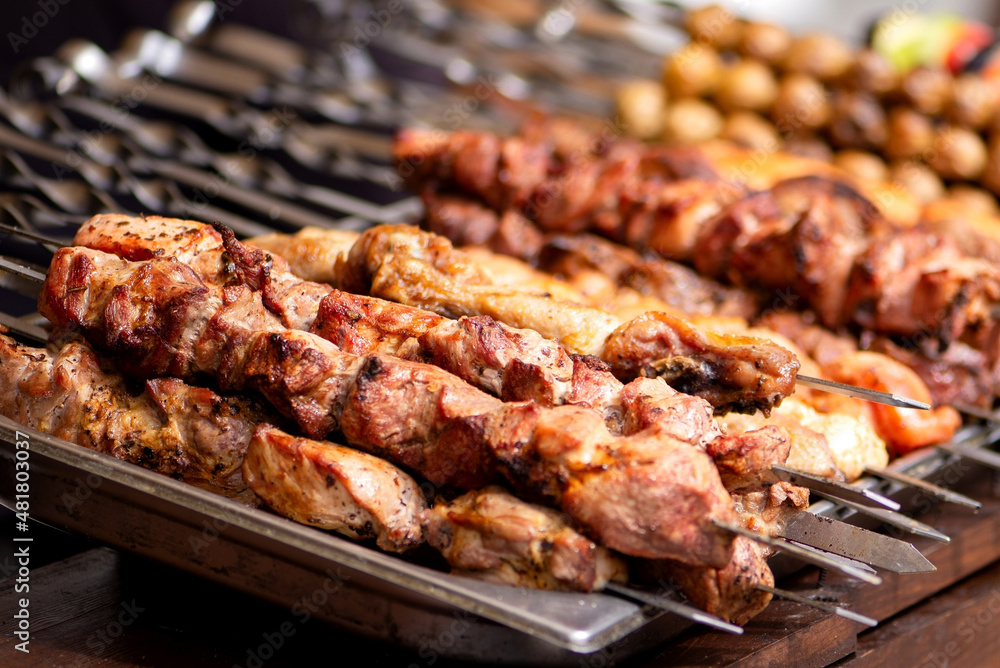 Roasted lamb shashlik the skewers. Food for picnic in summertime